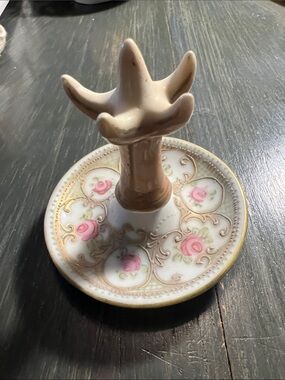 Porcelain Rose Ring Holder Dish in Cream and Pink with Gold Trim